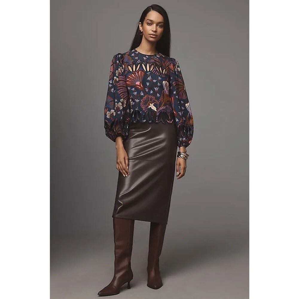 NWT Farm Rio Cut Out Scallop Blouse Blue Tropical Print Small